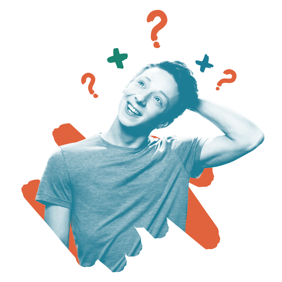 Man smiling with hand behind head, question and plus icons floating